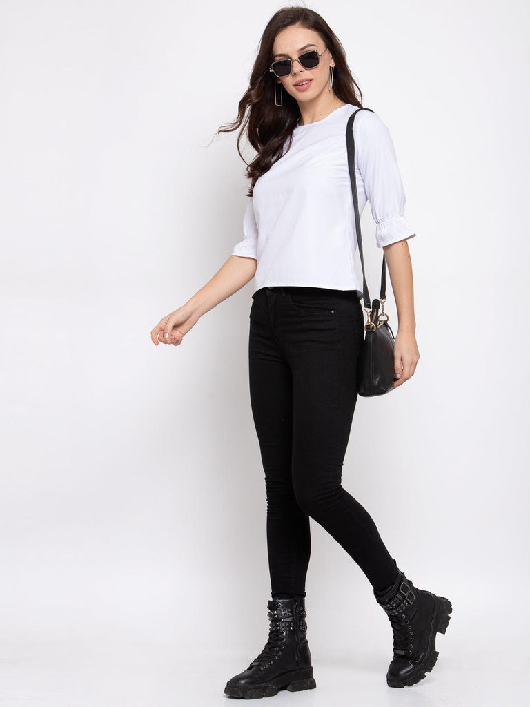Style Quotient Women Solid White Polyester Smart Casual Top-Tops-StyleQuotient