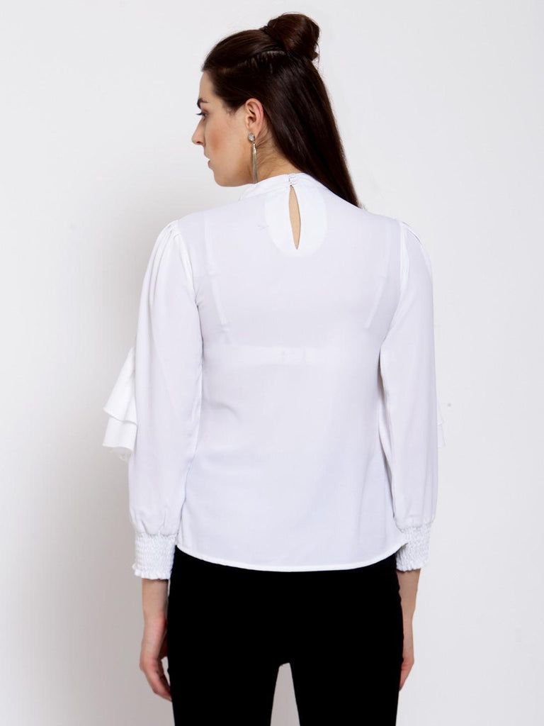 Women White High Neck Stylish Ruffles Balloon Sleeves Top-Tops-StyleQuotient