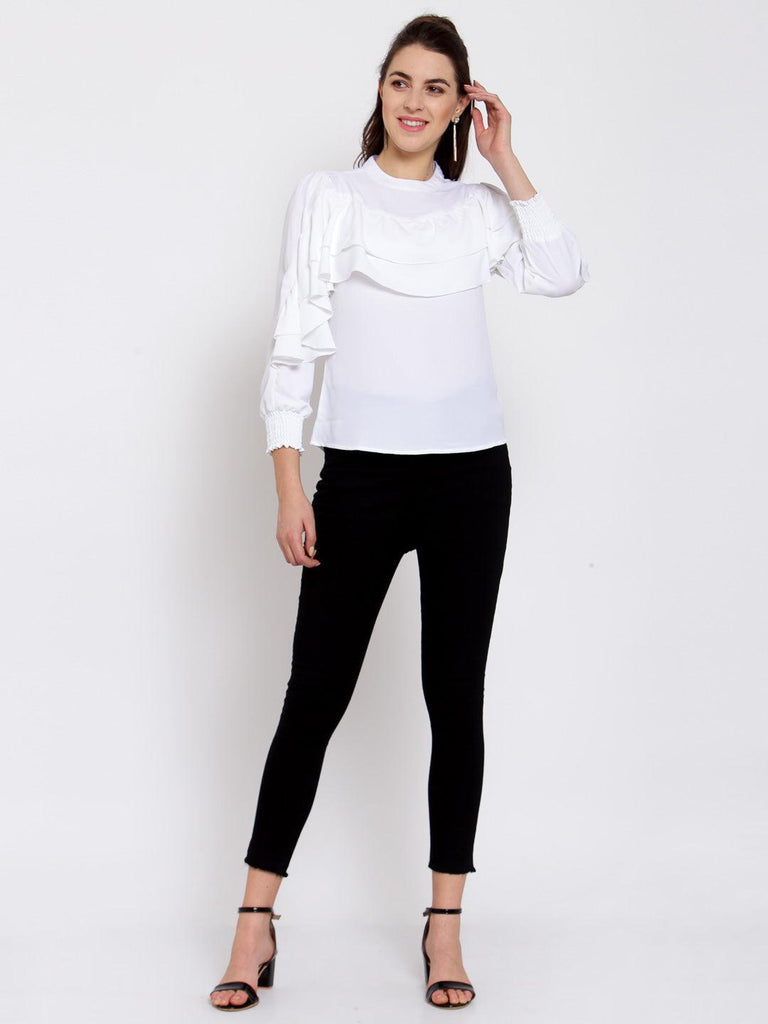 Women White High Neck Stylish Ruffles Balloon Sleeves Top-Tops-StyleQuotient