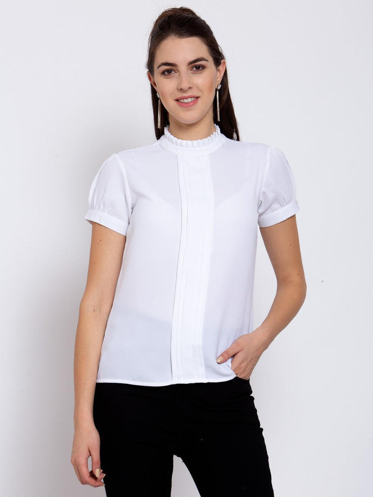 Style Quotient Women Solid White Polyester Regular Smart Casual Top-Tops-StyleQuotient