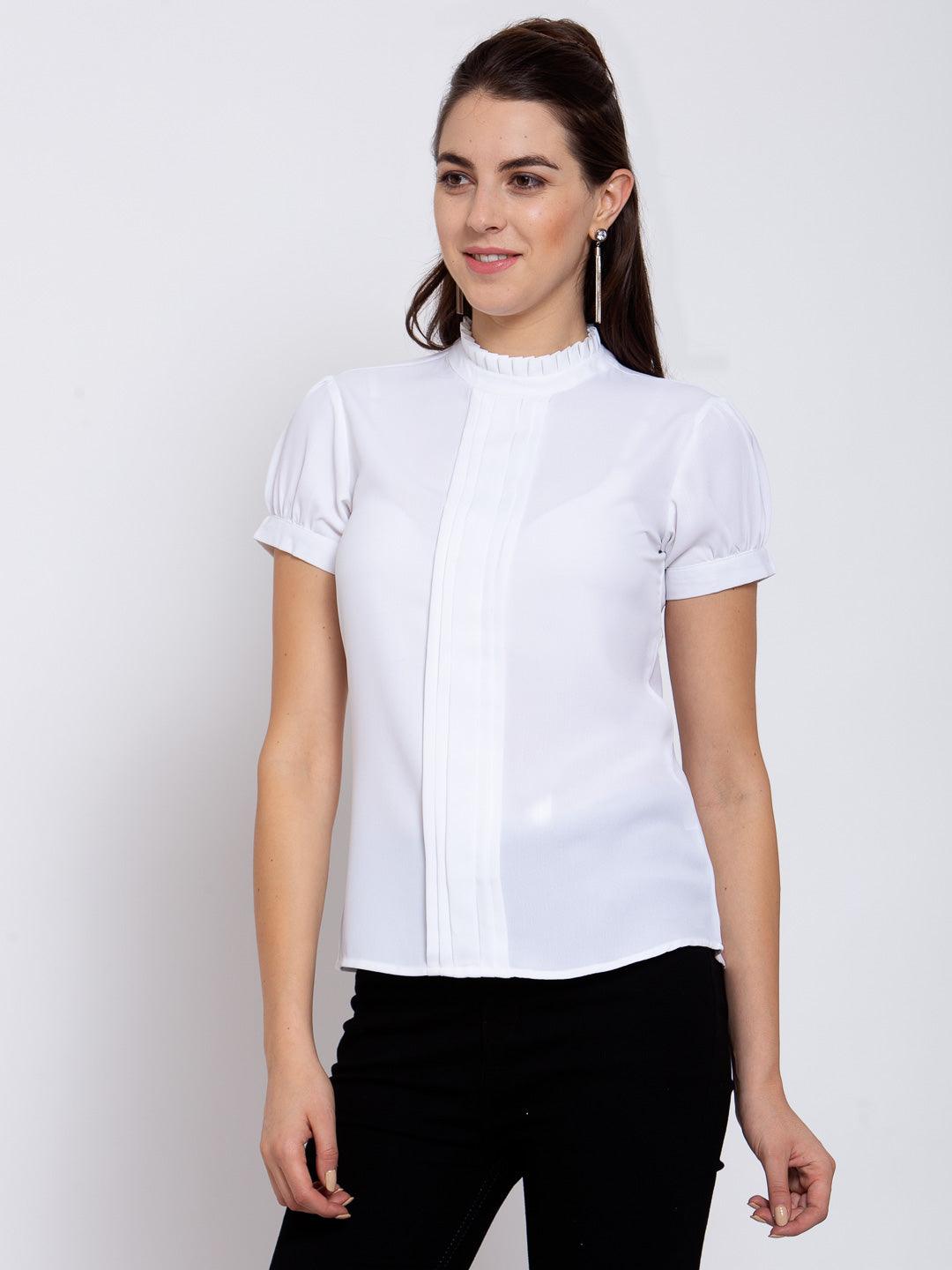 Style Quotient Women Solid White Polyester Regular Smart Casual Top-Tops-StyleQuotient