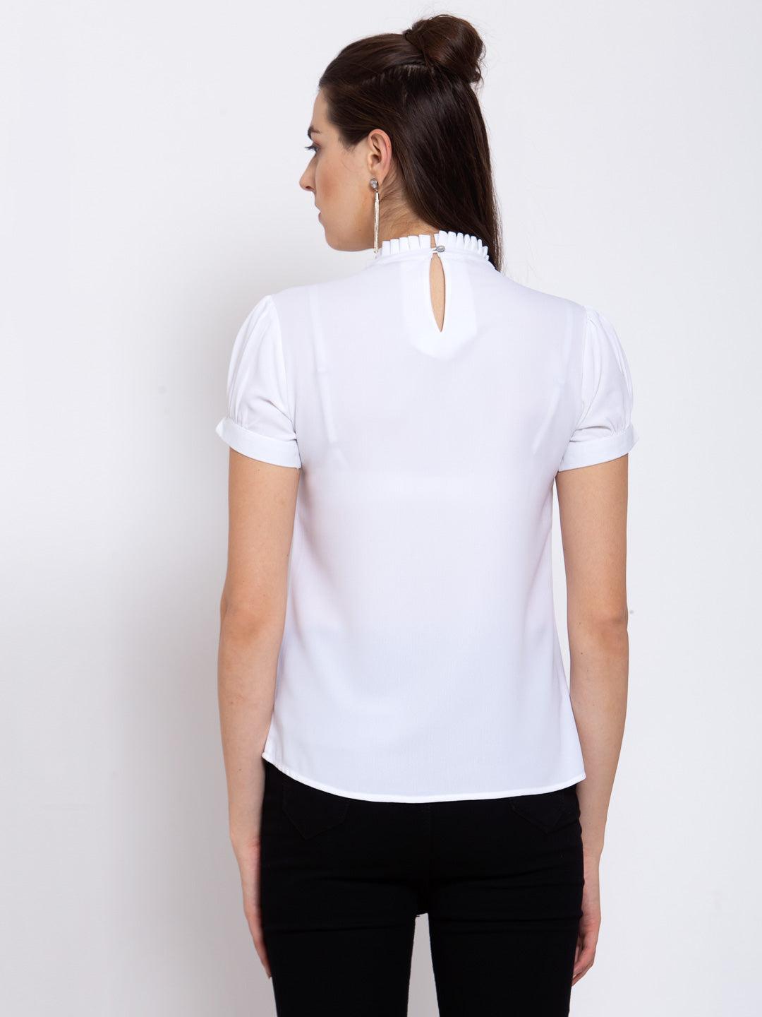 Style Quotient Women Solid White Polyester Regular Smart Casual Top-Tops-StyleQuotient