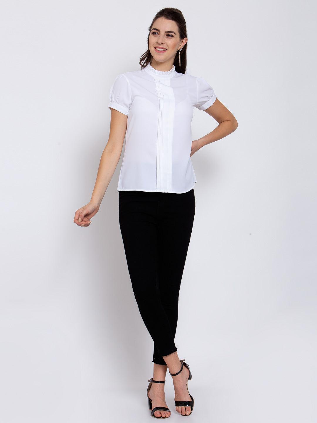 Style Quotient Women Solid White Polyester Regular Smart Casual Top-Tops-StyleQuotient