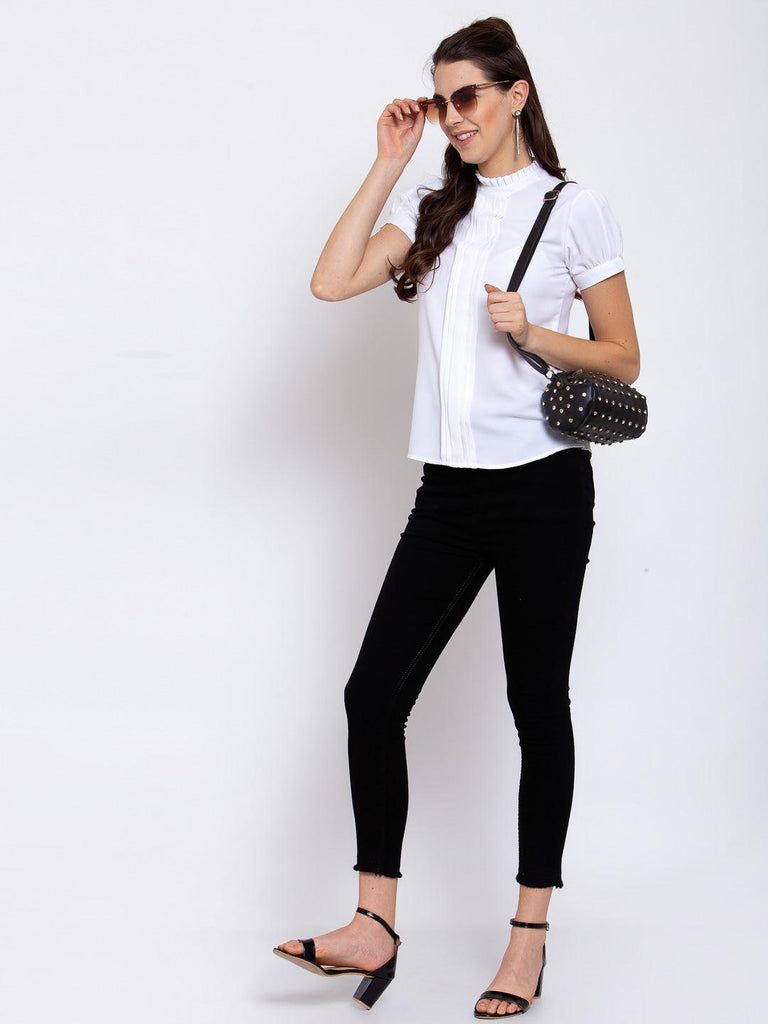 Style Quotient Women Solid White Polyester Regular Smart Casual Top-Tops-StyleQuotient