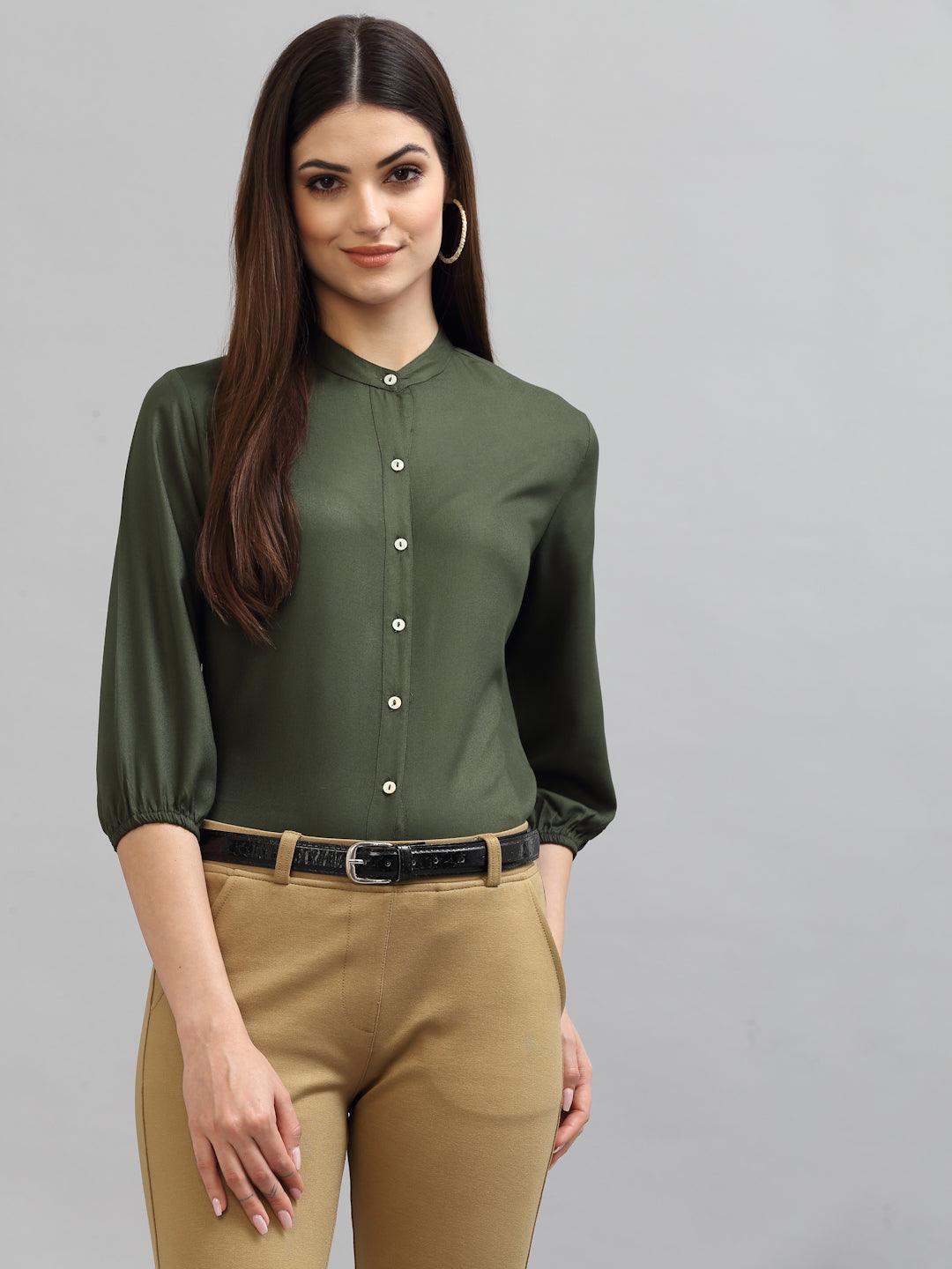 Style Quotient Women Solid Olive Viscose Rayon Formal Shirt-Shirts-StyleQuotient