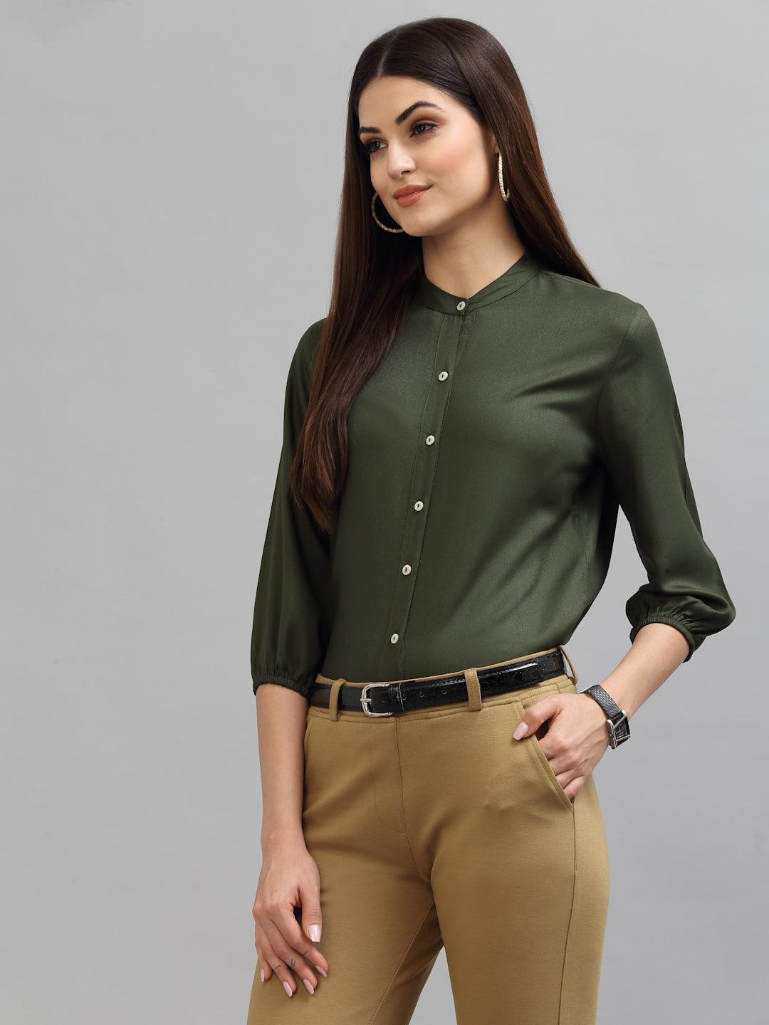 Style Quotient Women Solid Olive Viscose Rayon Formal Shirt-Shirts-StyleQuotient
