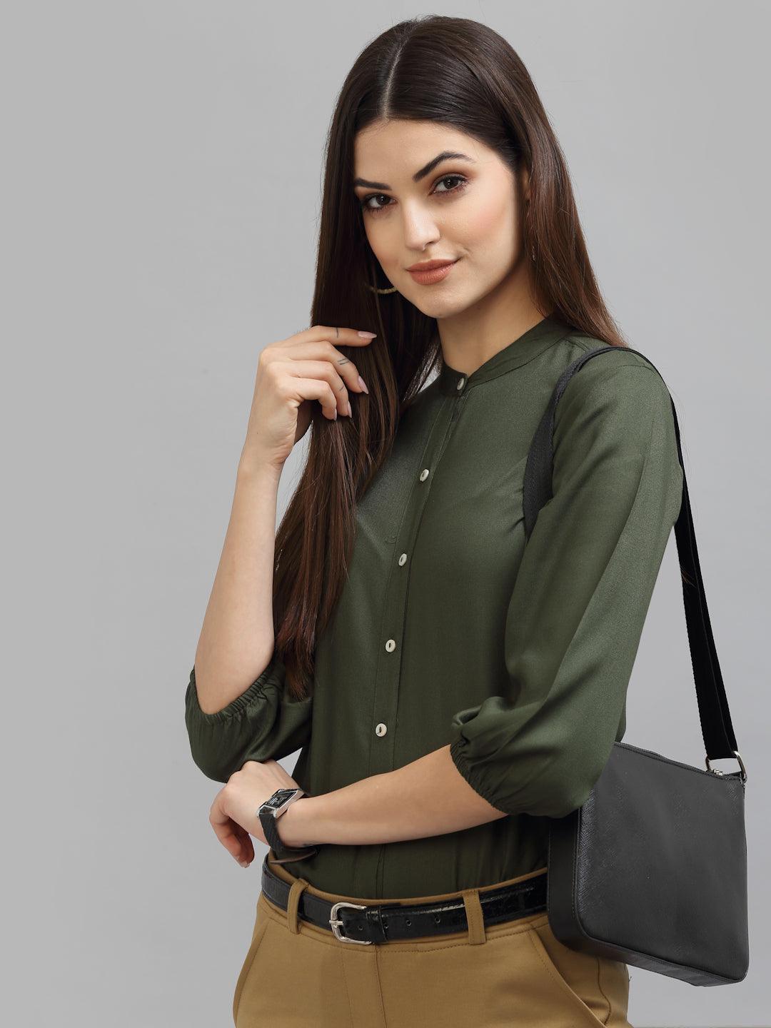Style Quotient Women Solid Olive Viscose Rayon Formal Shirt-Shirts-StyleQuotient