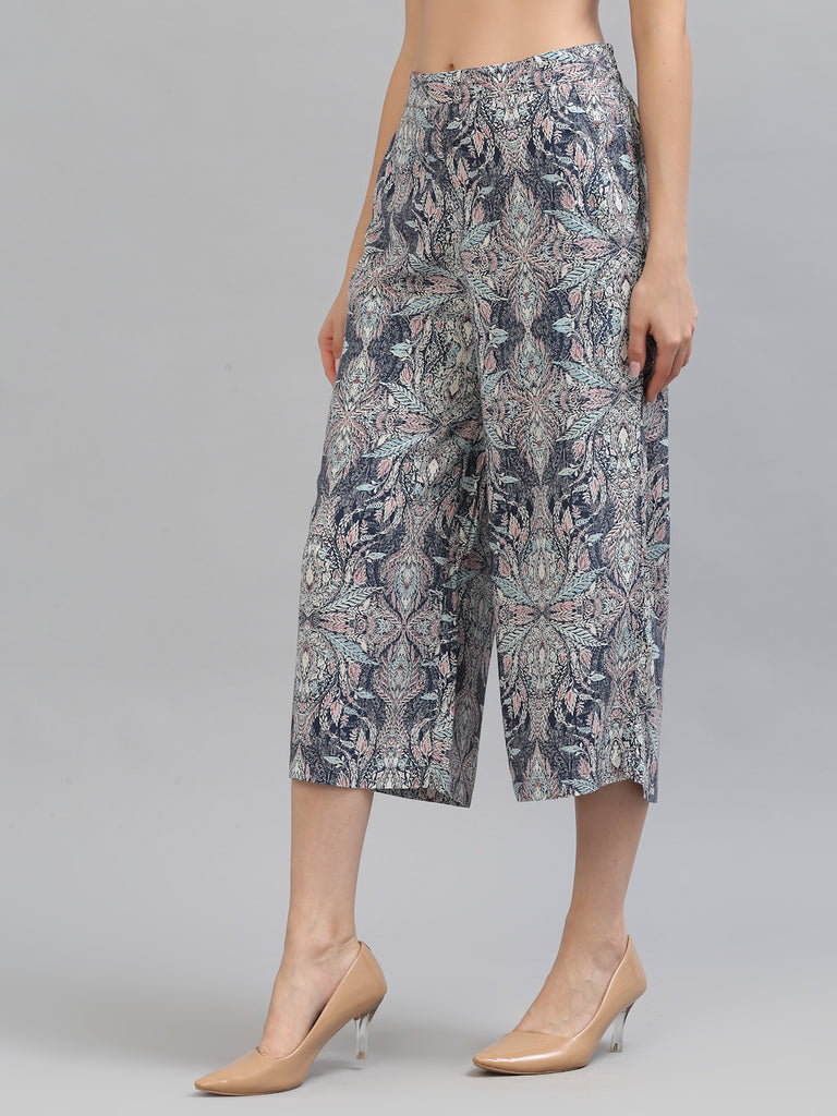 Style Quotint Women Grey Floral Printed Culottes Trousers-Trousers-StyleQuotient