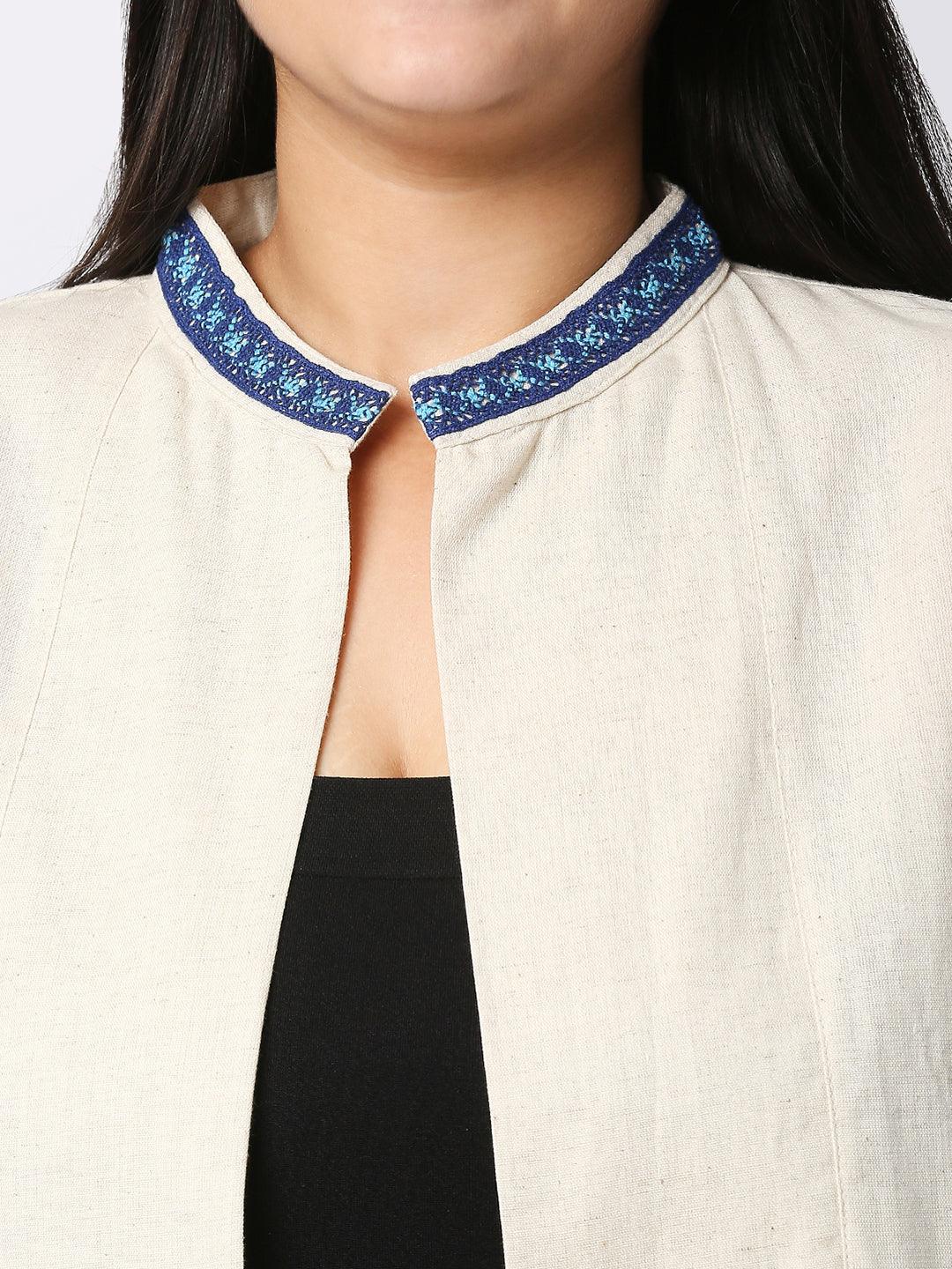 Style Quotient Women Off White and Blue Solid Cotton Open Front Smart Casual Shrug-Shrug-StyleQuotient