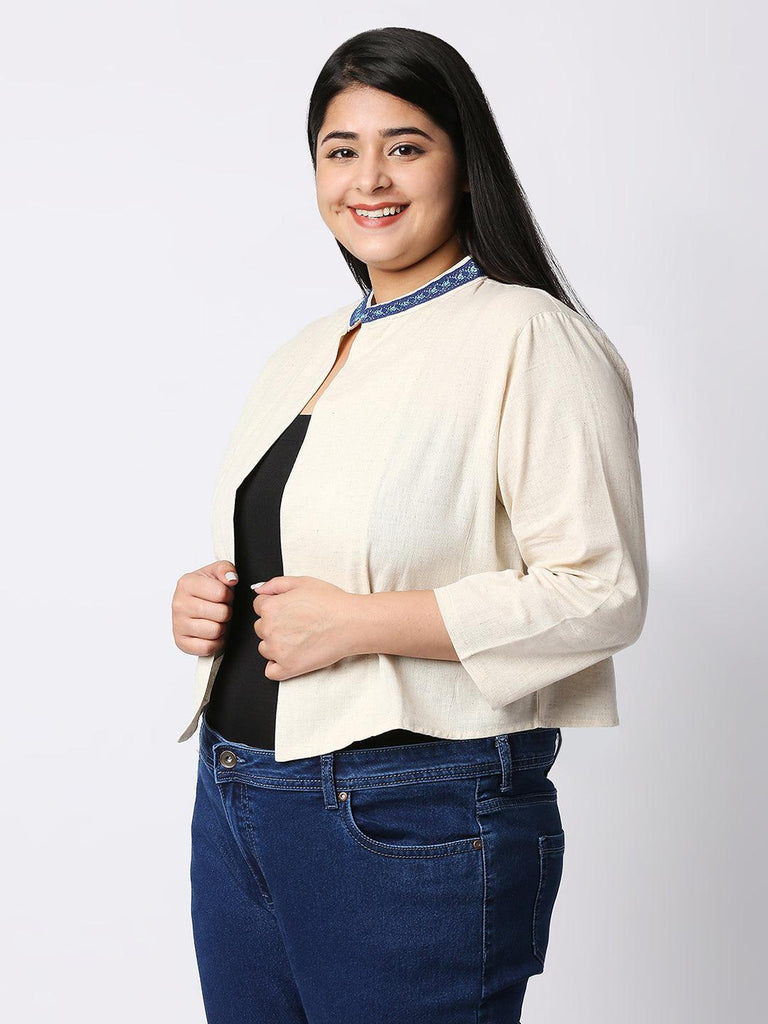 Style Quotient Women Off White and Blue Solid Cotton Open Front Smart Casual Shrug-Shrug-StyleQuotient