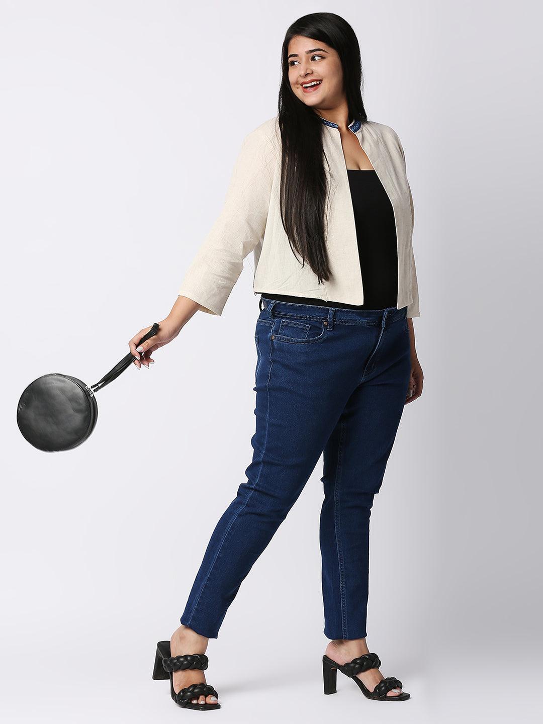 Style Quotient Women Off White and Blue Solid Cotton Open Front Smart Casual Shrug-Shrug-StyleQuotient