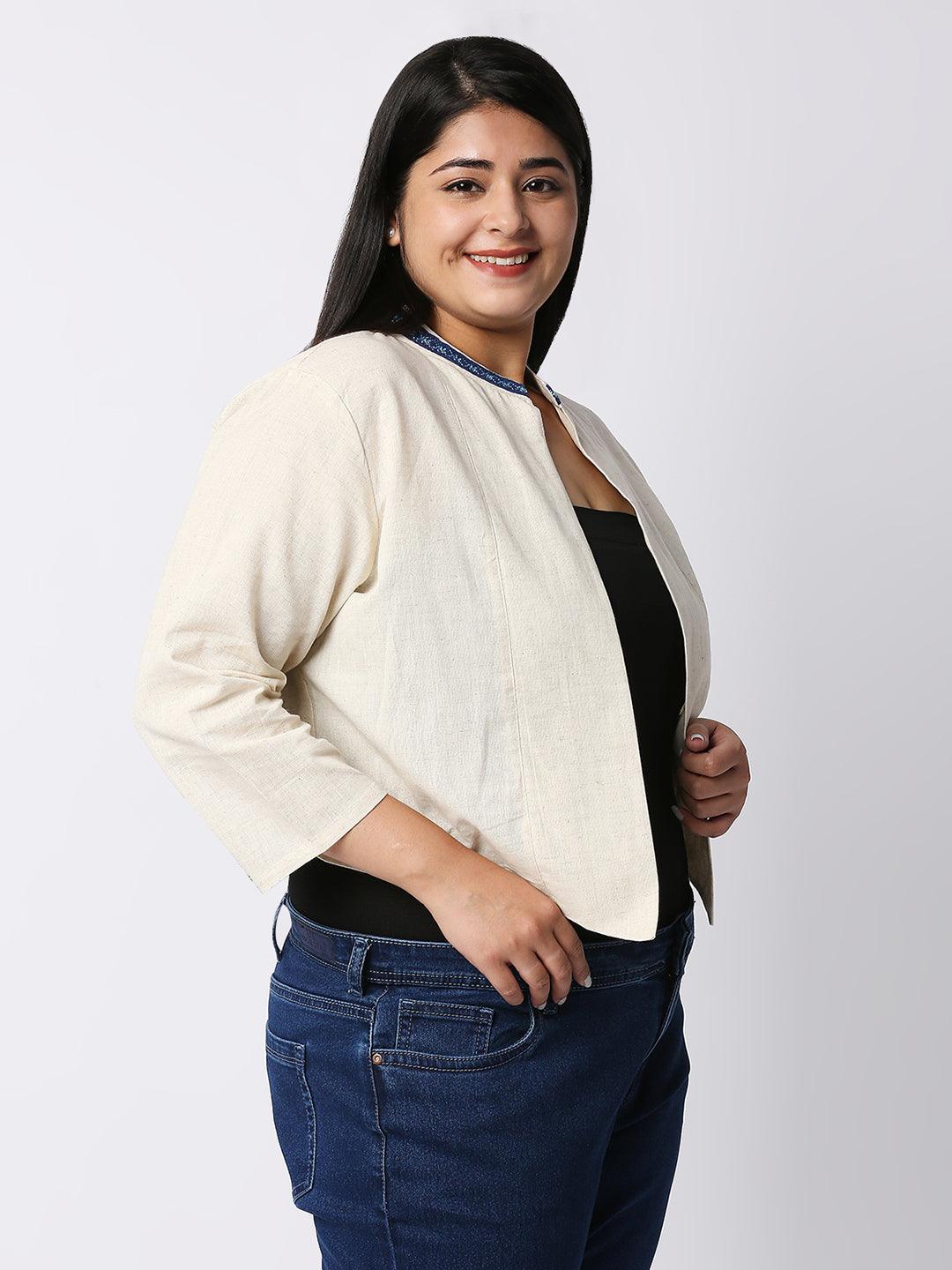 Style Quotient Women Off White and Blue Solid Cotton Open Front Smart Casual Shrug-Shrug-StyleQuotient