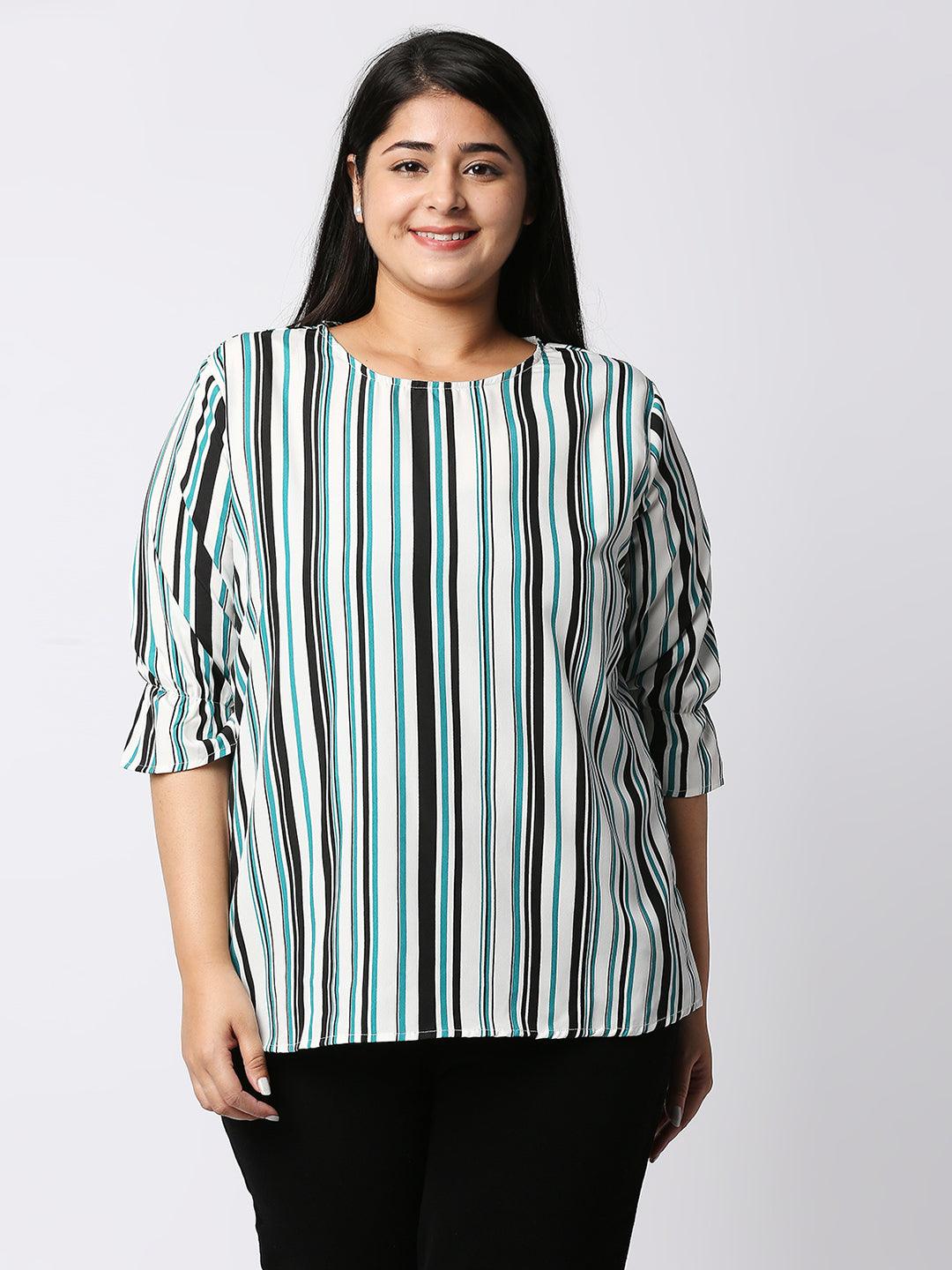 Style Quotient Women White and Multi Striped Polycrepe Regular Smart Casual Top-Tops-StyleQuotient