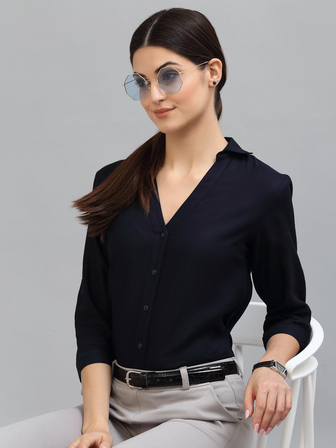 Style Quotient Women Solid Navy Viscose Rayon Semi Formal Shirt-Shirts-StyleQuotient