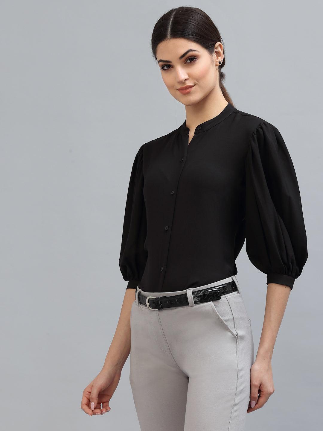 Style Quotient Women Solid Black PolyMoss Regular Formal Shirt-Shirts-StyleQuotient