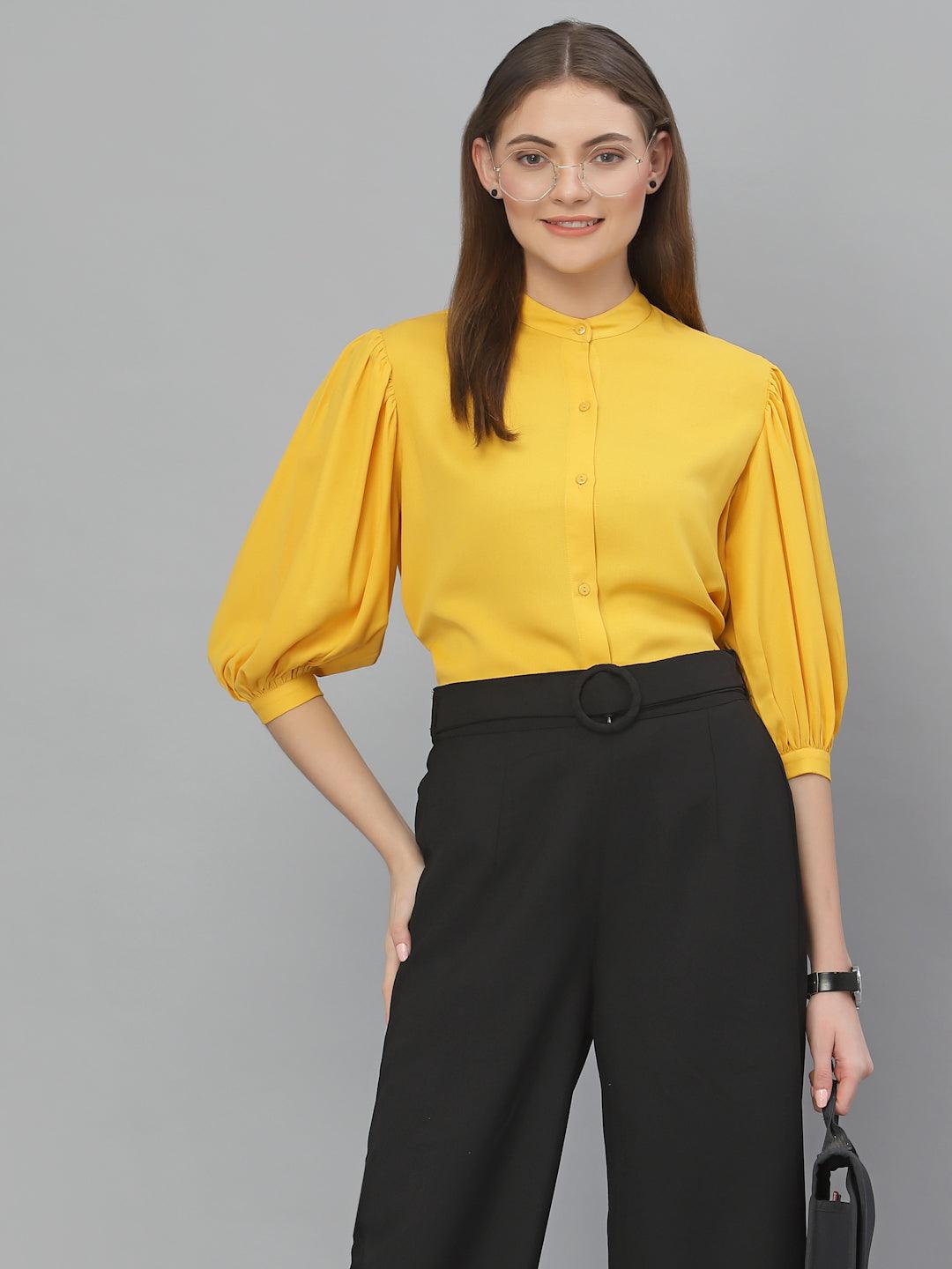 Style Quotient Women Solid Yellow PolyMoss Regular Formal Shirt-Shirts-StyleQuotient