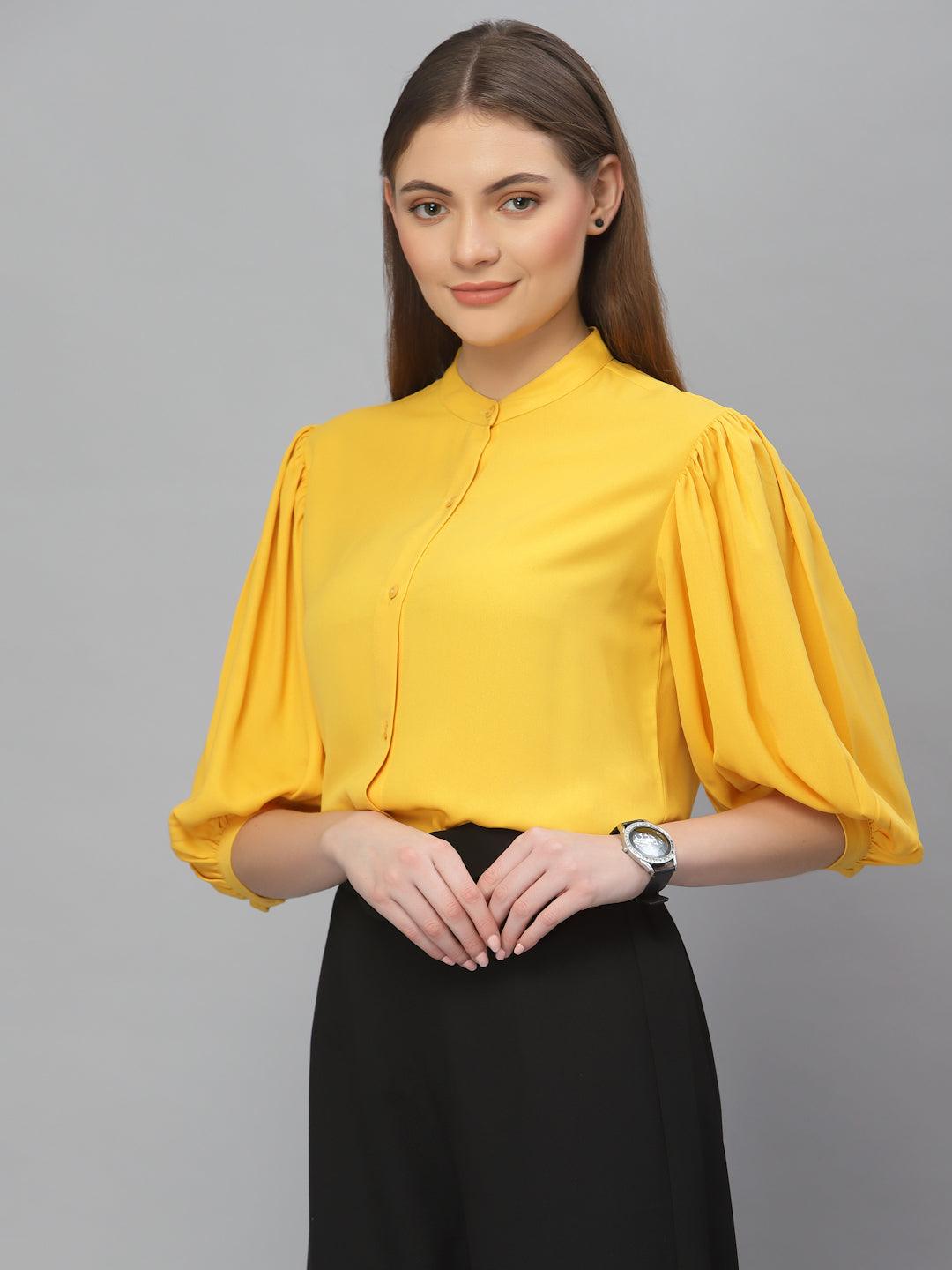 Style Quotient Women Solid Yellow PolyMoss Regular Formal Shirt-Shirts-StyleQuotient