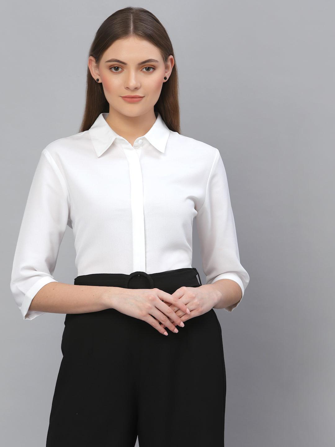 Style Quotient Women Solid White Polymoss Regular Formal Shirt-Shirts-StyleQuotient