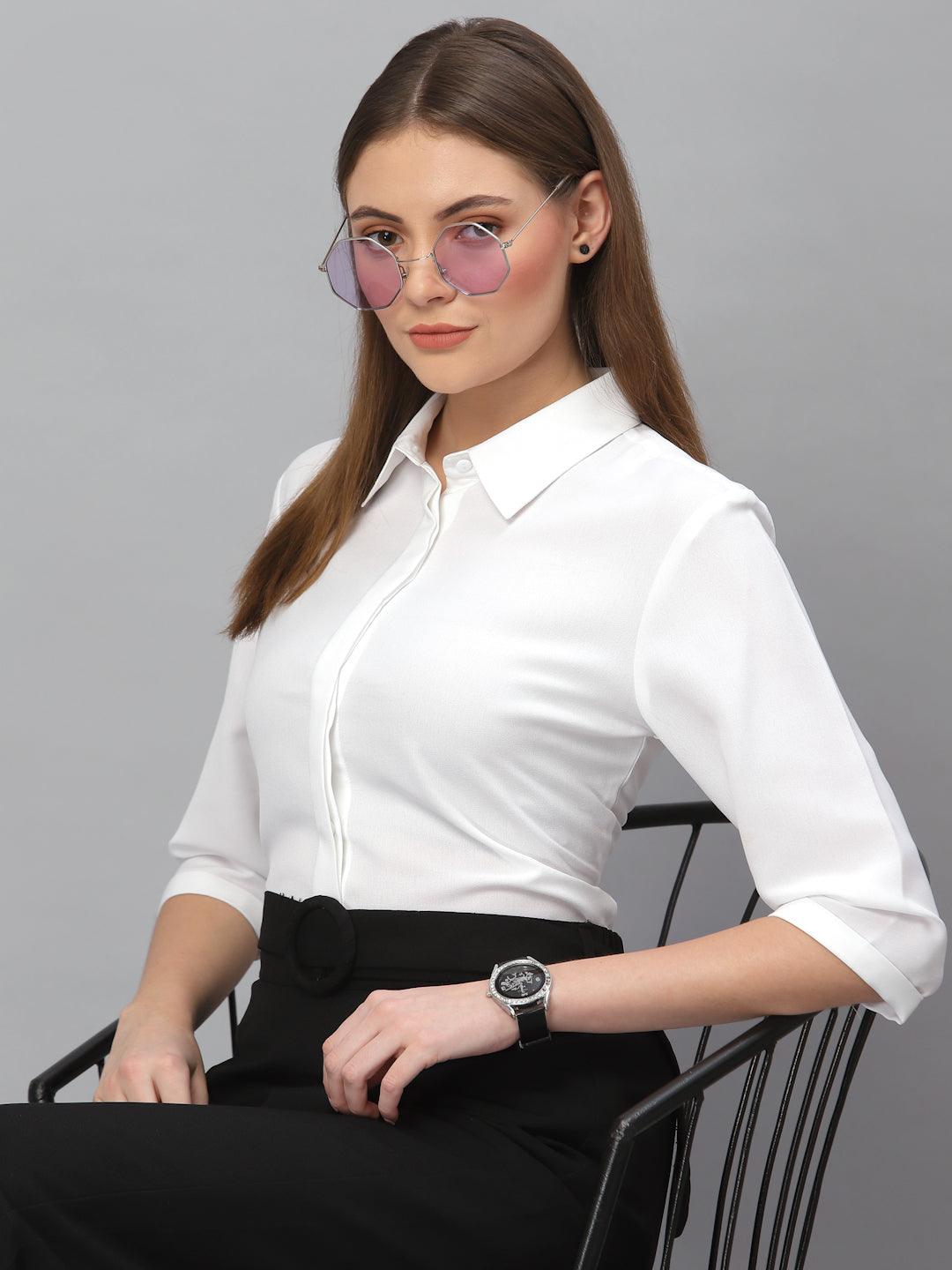 Style Quotient Women Solid White Polymoss Regular Formal Shirt