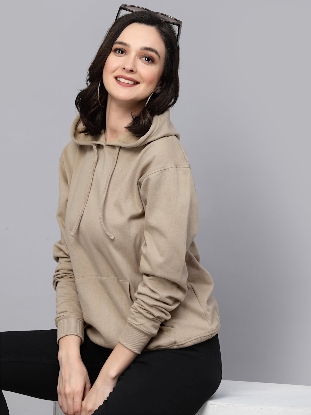 Style Quotient Women Beige Solid Cotton Oversize Sweatshirt-Sweaters-StyleQuotient