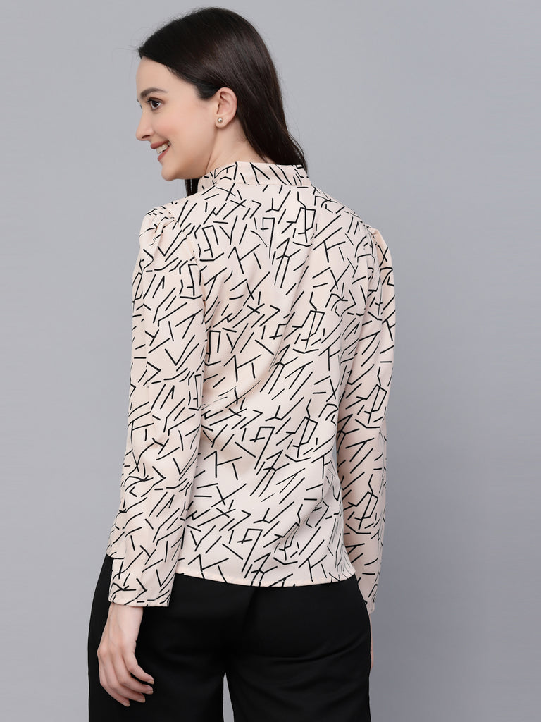 Style Quotient Women Beige and Black Abstract Print Polyester Smart Casual Top-Tops-StyleQuotient