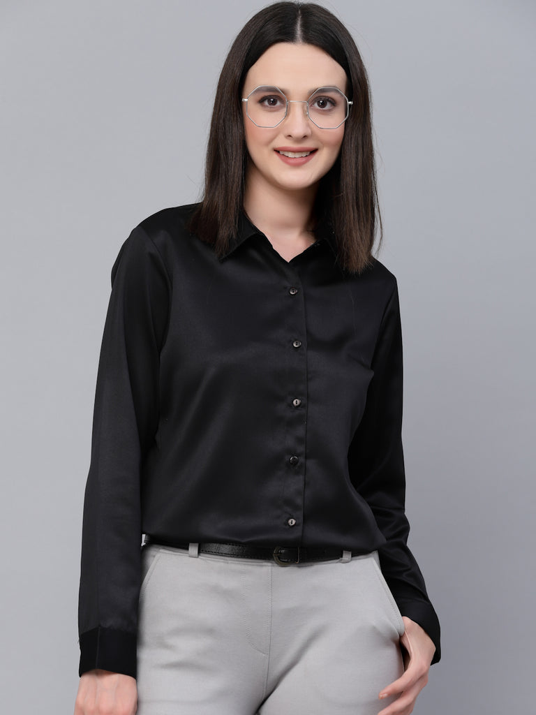 Style Quotients Women Solid Black Satin Formal Shirt-Shirts-StyleQuotient