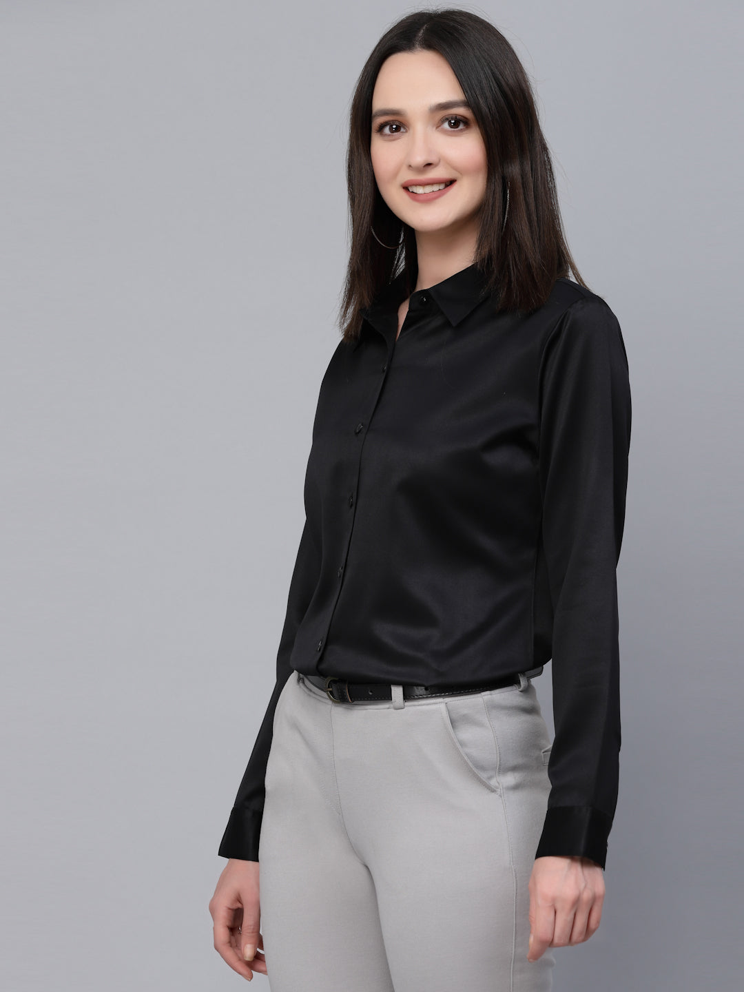 Style Quotients Women Solid Black Satin Formal Shirt-Shirts-StyleQuotient