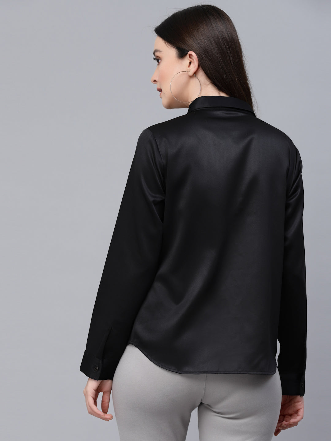 Style Quotients Women Solid Black Satin Formal Shirt-Shirts-StyleQuotient