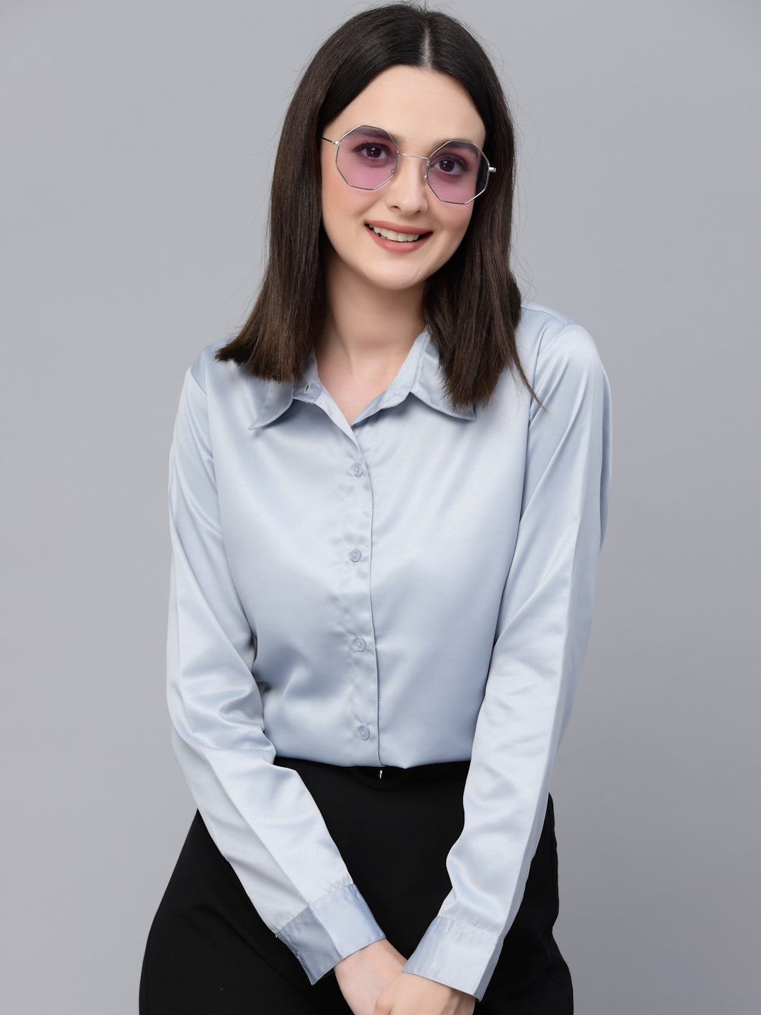 Style Quotients Women Solid Light Grey Satin Formal Shirt