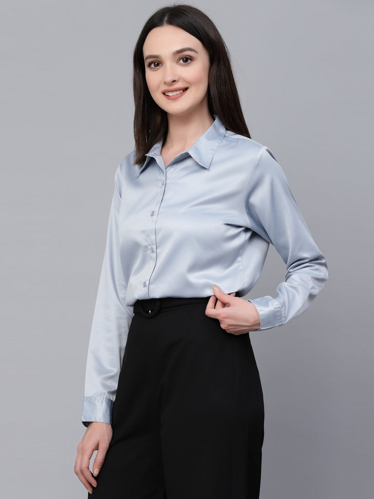 Style Quotients Women Solid Light Grey Satin Formal Shirt-Shirts-StyleQuotient