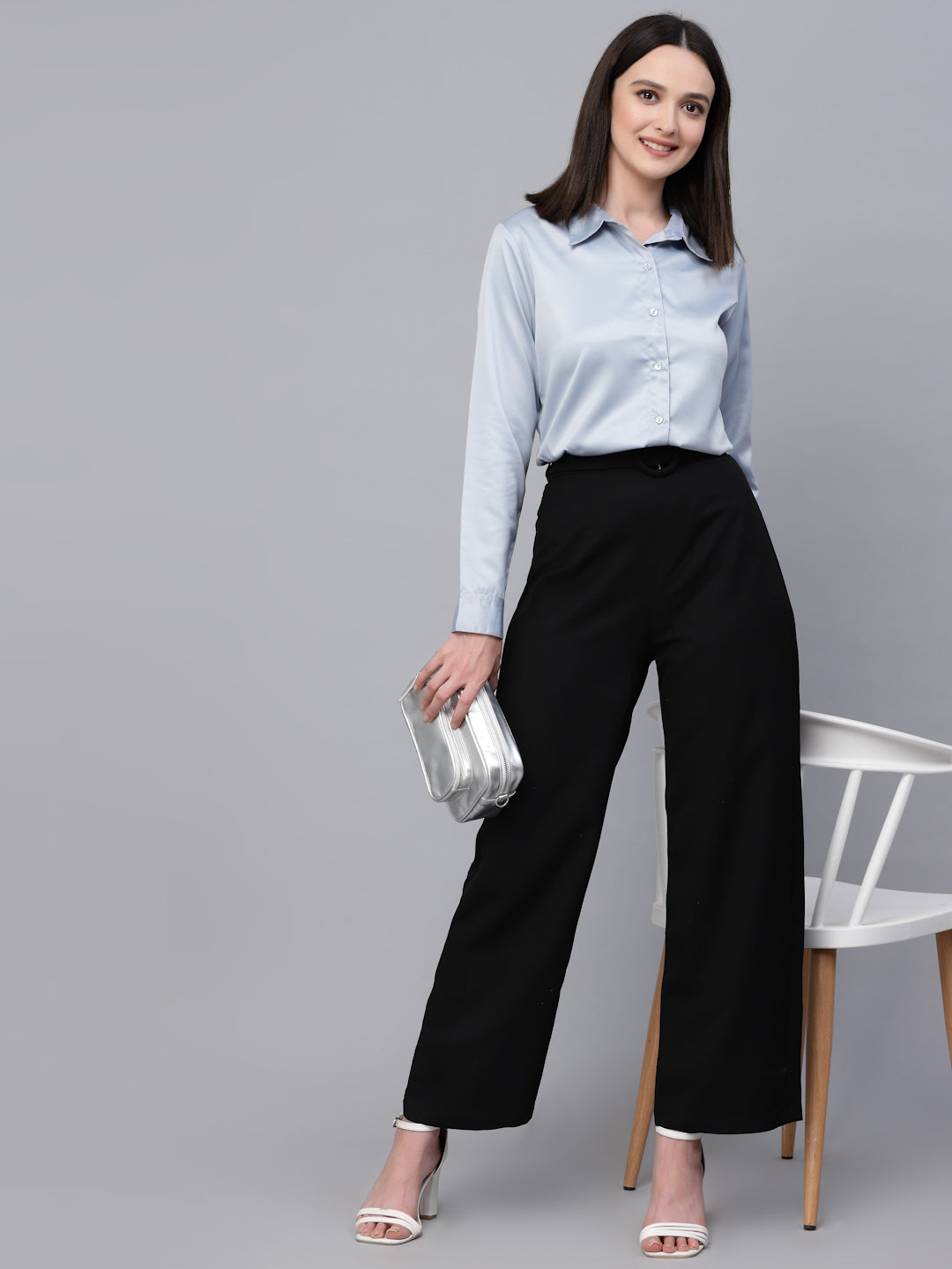 Style Quotients Women Solid Light Grey Satin Formal Shirt-Shirts-StyleQuotient