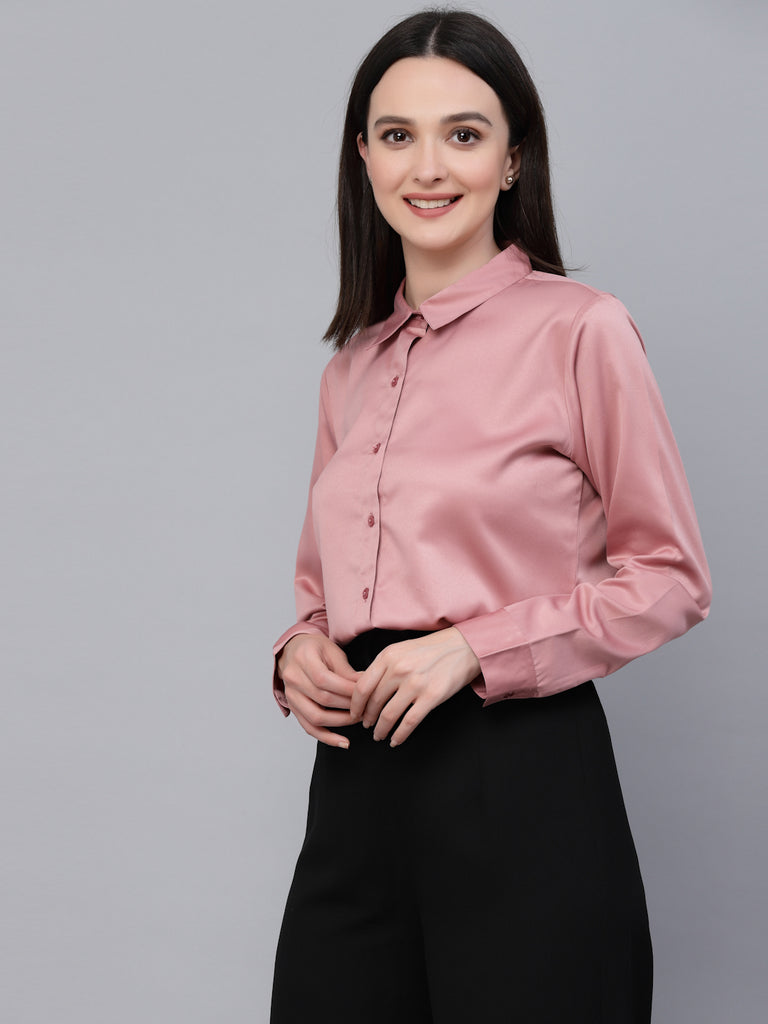 Style Quotients Women Solid Rose Satin Formal Shirt-Shirts-StyleQuotient