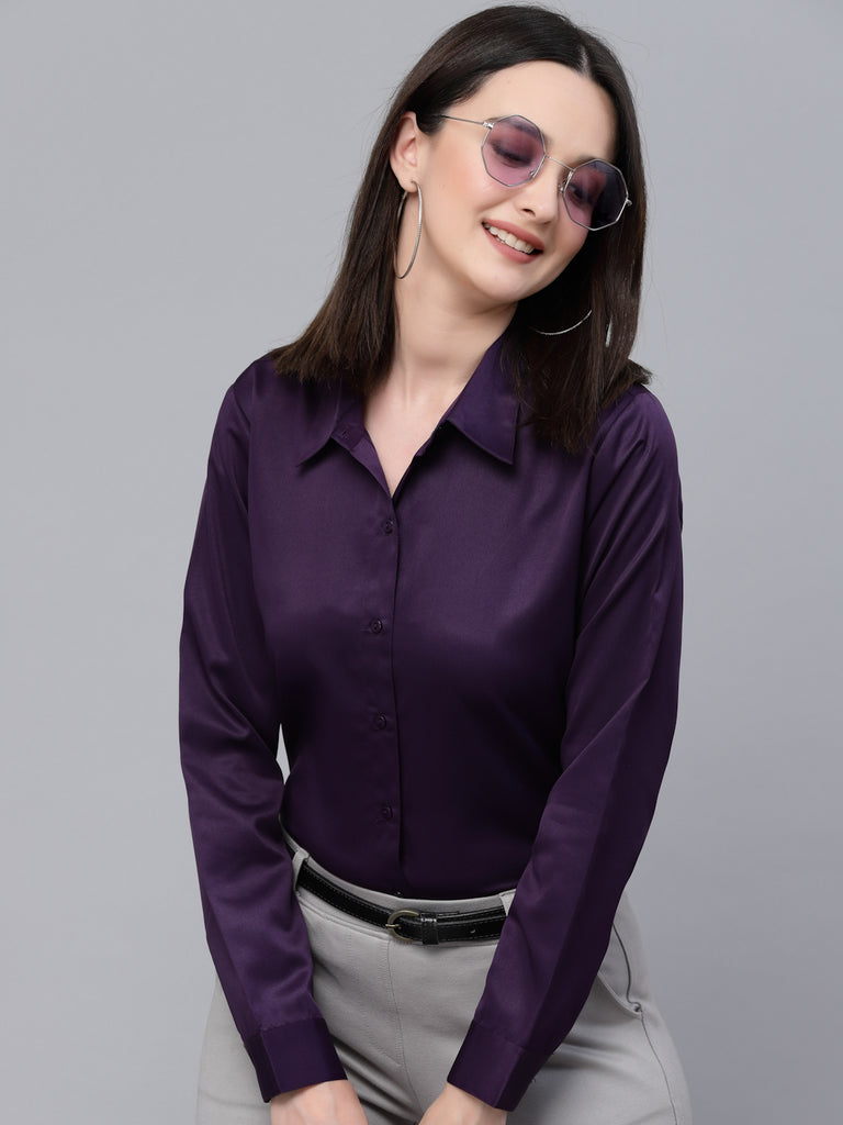 Style Quotients Women Solid Wine Satin Formal Shirt-Shirts-StyleQuotient