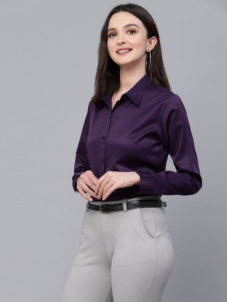 Style Quotients Women Solid Wine Satin Formal Shirt-Shirts-StyleQuotient