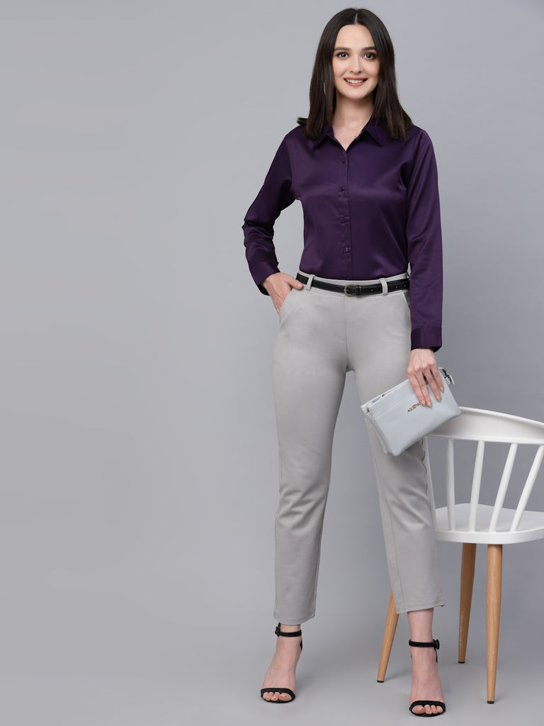 Style Quotients Women Solid Wine Satin Formal Shirt-Shirts-StyleQuotient