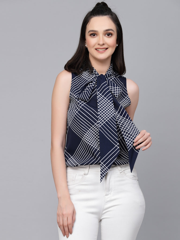 Style Quotient Women Navy And White Geometric Printed Regular Smart Casual Top-Tops-StyleQuotient