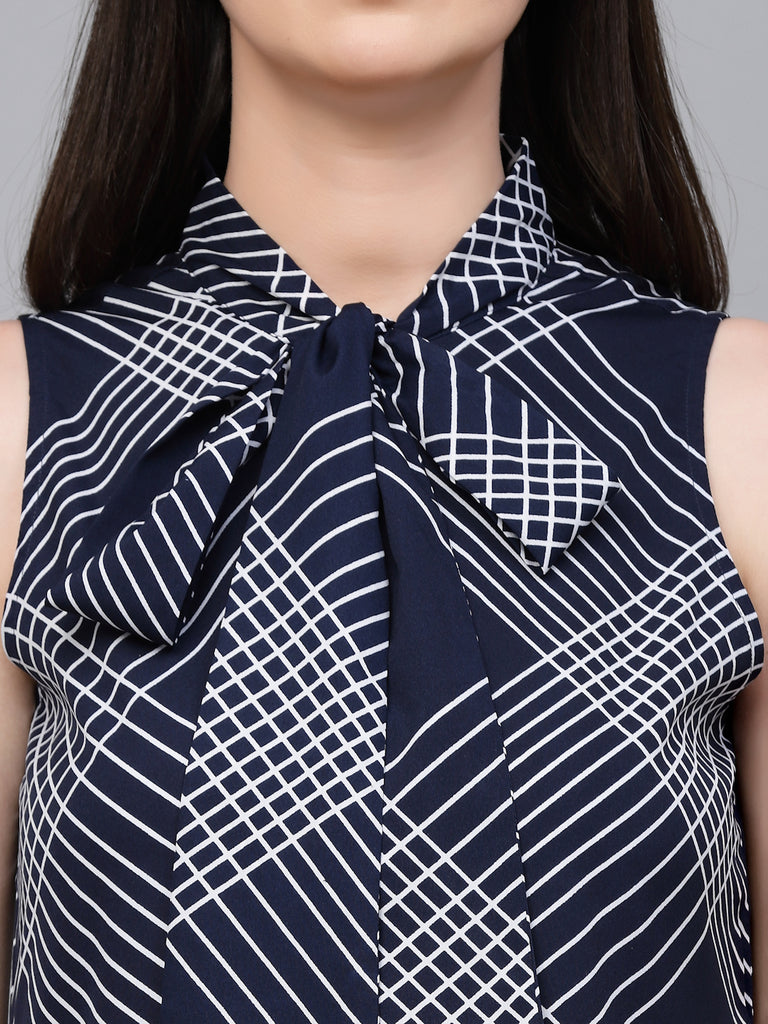 Style Quotient Women Navy And White Geometric Printed Regular Smart Casual Top-Tops-StyleQuotient