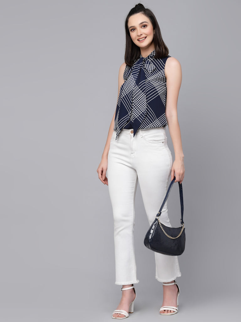 Style Quotient Women Navy And White Geometric Printed Regular Smart Casual Top-Tops-StyleQuotient