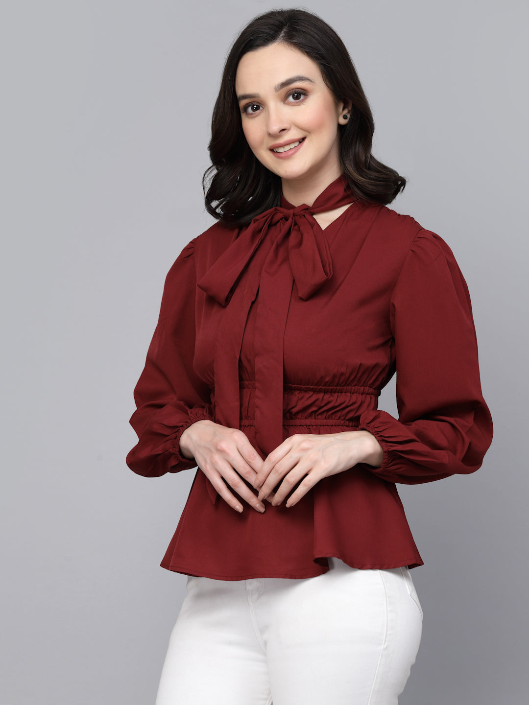 Style Quotient Women Maroon Solid Polyester Smart Casual Top-Tops-StyleQuotient