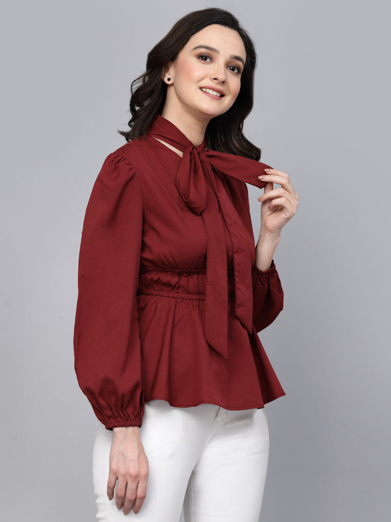 Style Quotient Women Maroon Solid Polyester Smart Casual Top-Tops-StyleQuotient