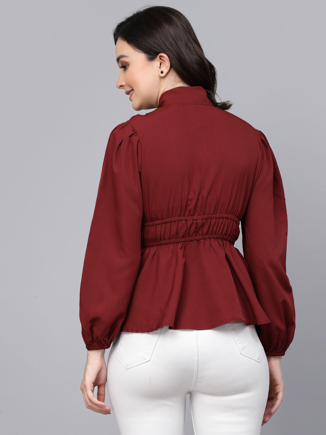 Style Quotient Women Maroon Solid Polyester Smart Casual Top-Tops-StyleQuotient