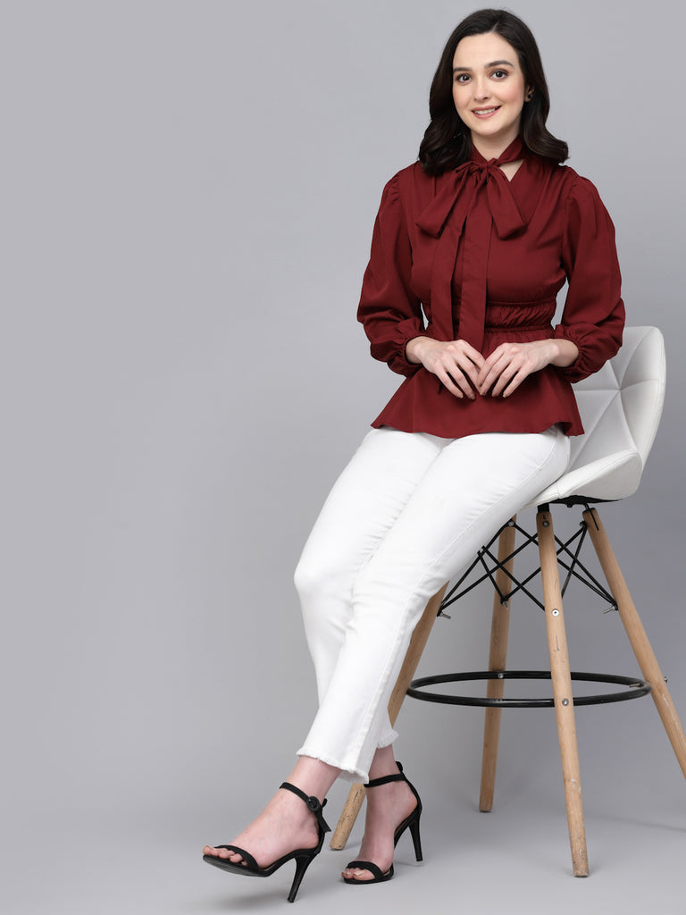 Style Quotient Women Maroon Solid Polyester Smart Casual Top-Tops-StyleQuotient