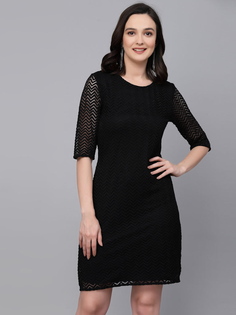 Style Quotient Women Black Self Design Lace Smart Casual Dress-Dressers-StyleQuotient