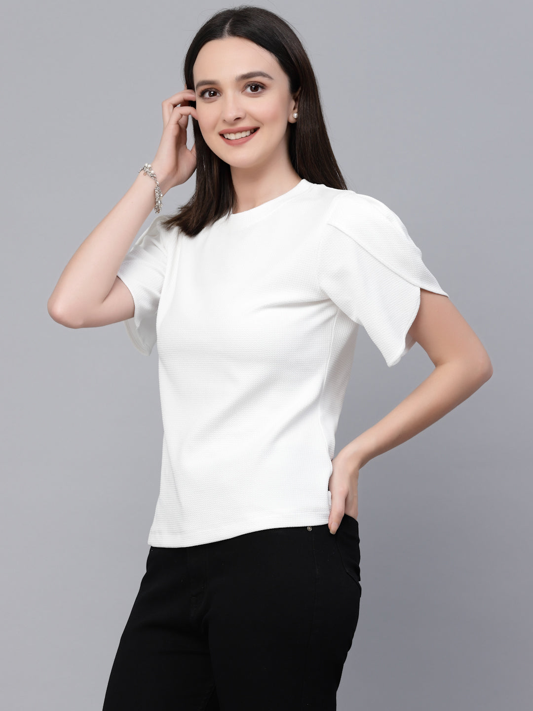 Style Quotient Women White Poly Knit Smart Casual Top-Tops-StyleQuotient