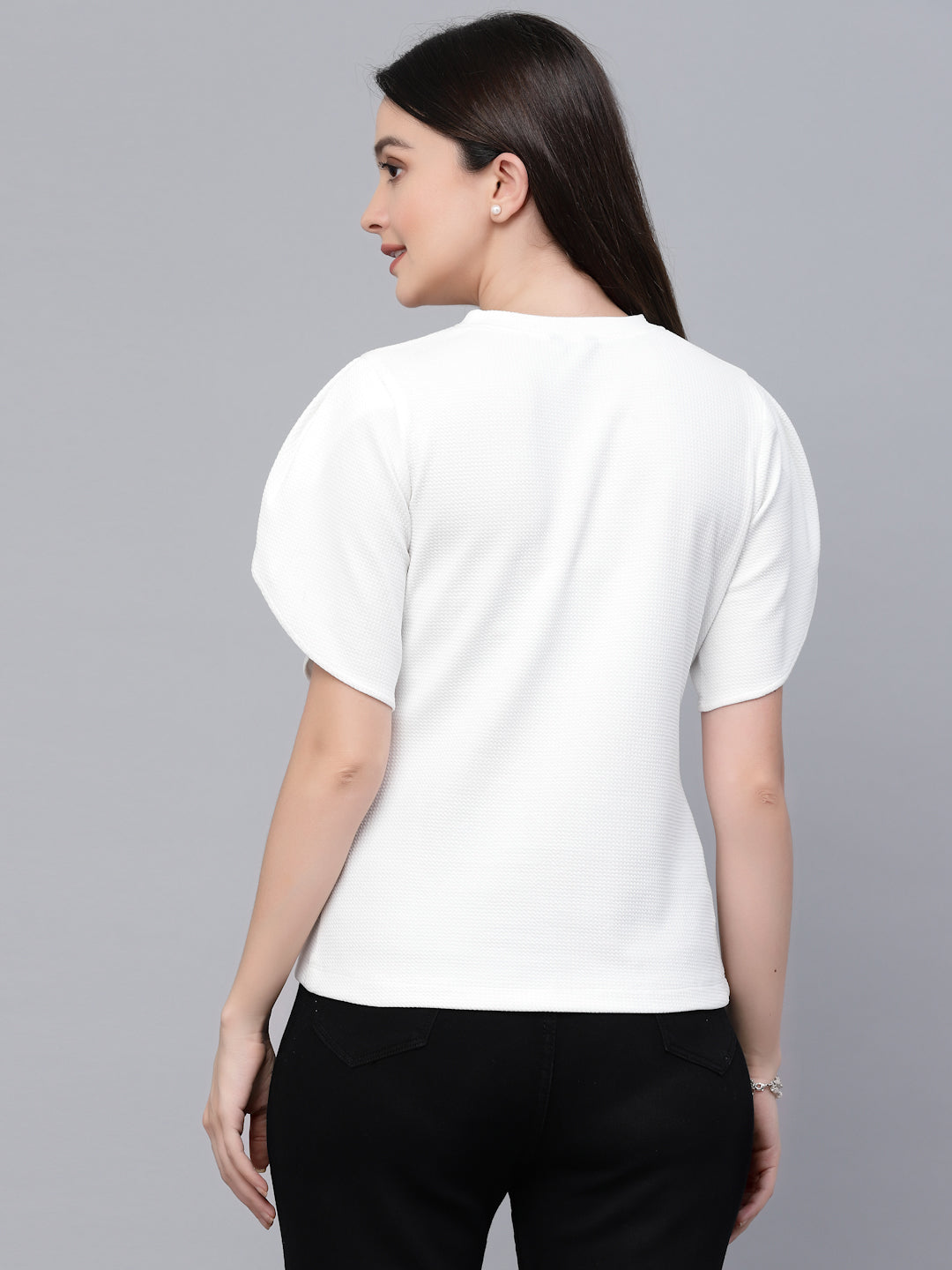 Style Quotient Women White Poly Knit Smart Casual Top-Tops-StyleQuotient