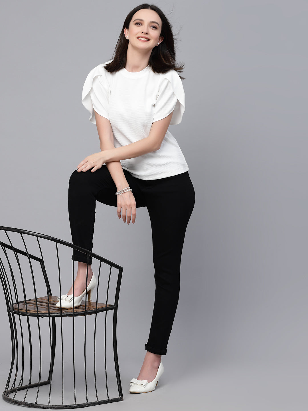 Style Quotient Women White Poly Knit Smart Casual Top-Tops-StyleQuotient