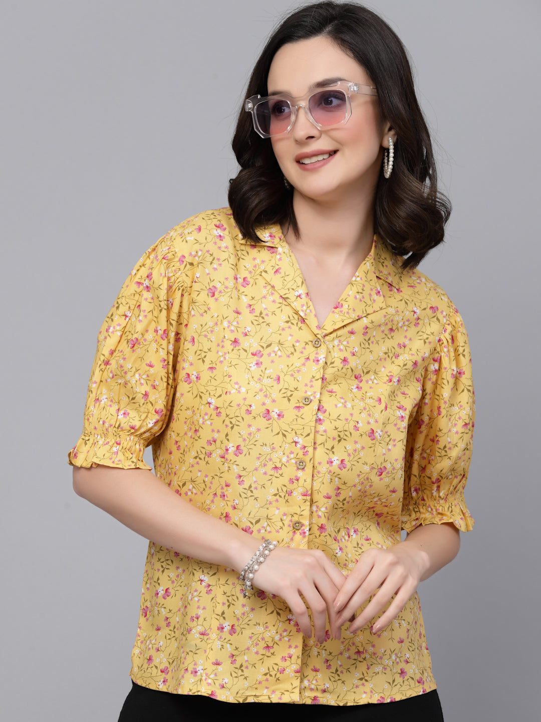 Style Quotient Women Yellow Floral Printed Smart Casual Peplum Top-Tops-StyleQuotient