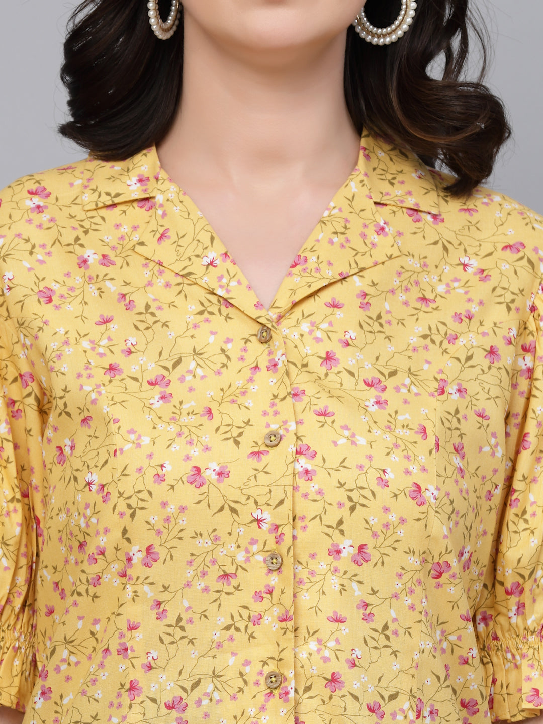 Style Quotient Women Yellow Floral Printed Smart Casual Peplum Top-Tops-StyleQuotient