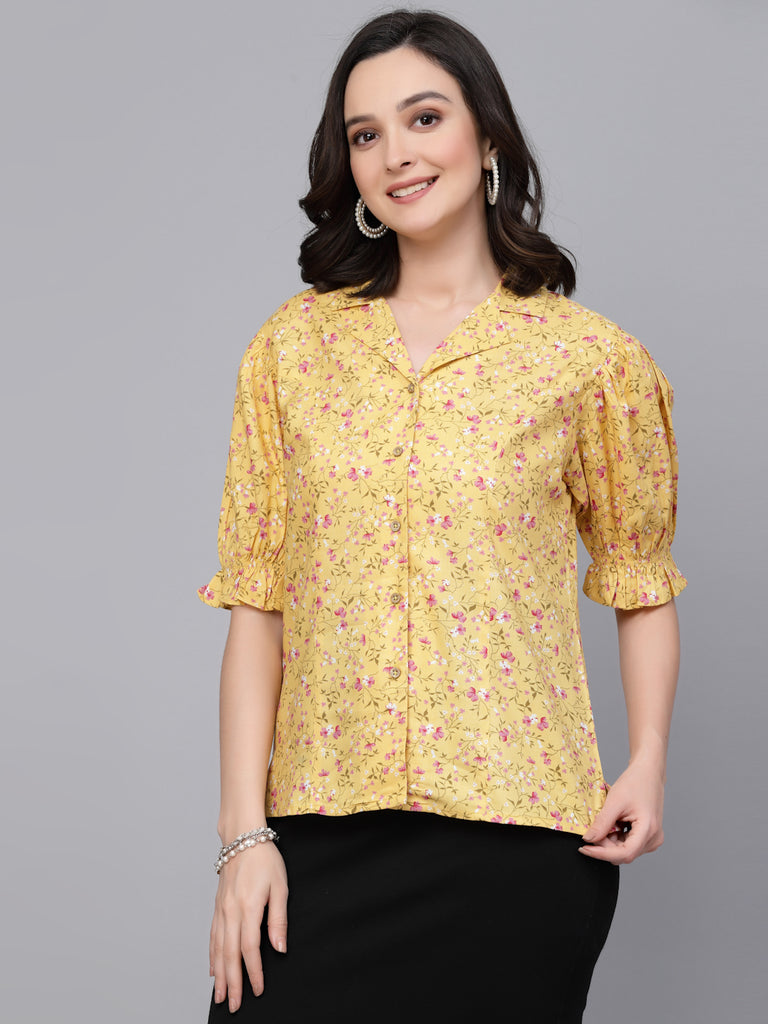 Style Quotient Women Yellow Floral Printed Smart Casual Peplum Top-Tops-StyleQuotient