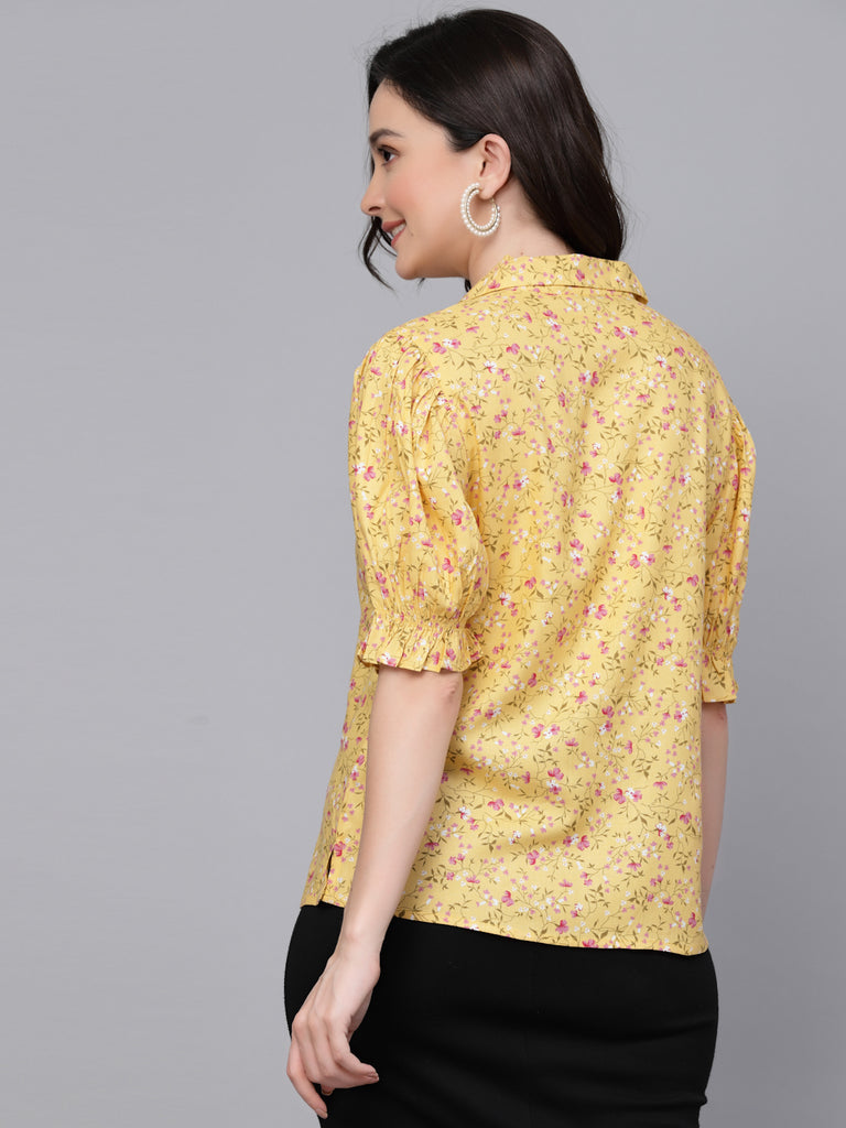 Style Quotient Women Yellow Floral Printed Smart Casual Peplum Top-Tops-StyleQuotient